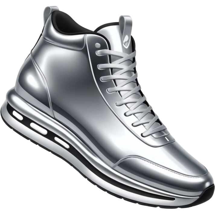 A pair of futuristic sneakers emoji made of silver chrome, sleek streetwear design, smooth metallic panels, subtle reflections, luxury swag aesthetic, iOS emoji style, centered, clean white background emoji