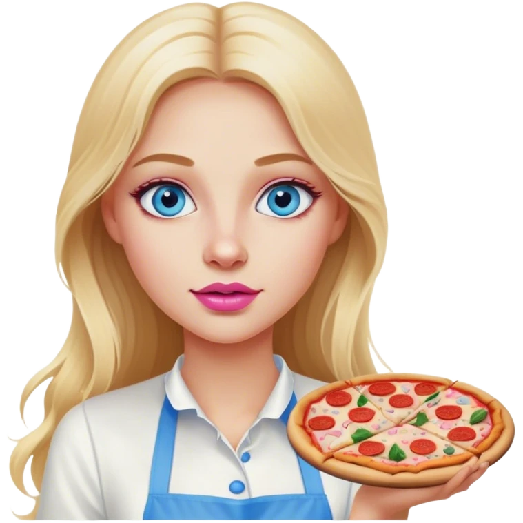 Cinematic realistic beautiful blonde with long hair, blue eyes and pink lips in a white dress cooks pizza emoji