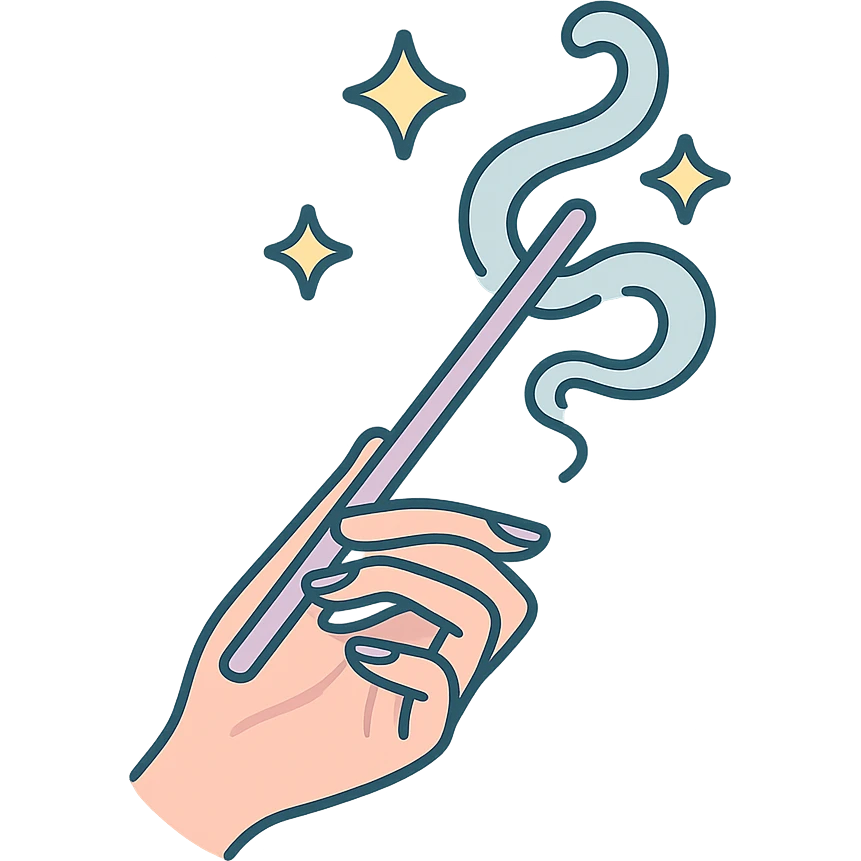 Elegant female hand with almond-shaped nails holding a magic wand, stars and light smoke flying out of the wand, Chinese Eastern style, thin clean contours, soft rounded shapes, pastel palette #98B5BC, #B5B3C1, #C9A3C9, #E4C0CA, #F7DCD1, #F7C0AA, detailed shadows and highlights, soft lighting, transparent background, no decorative elements. emoji