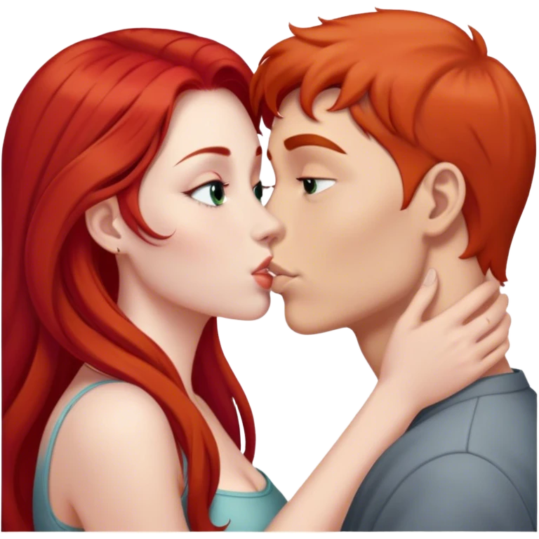 Long red hair woman and young short gray hair man kissing emoji
