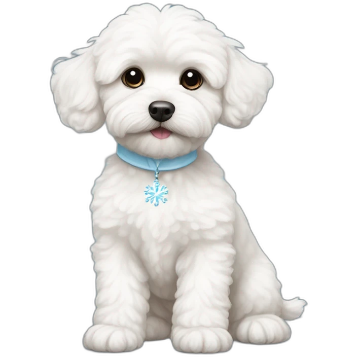 white maltipoo with a light blue snowflake on the nose emoji