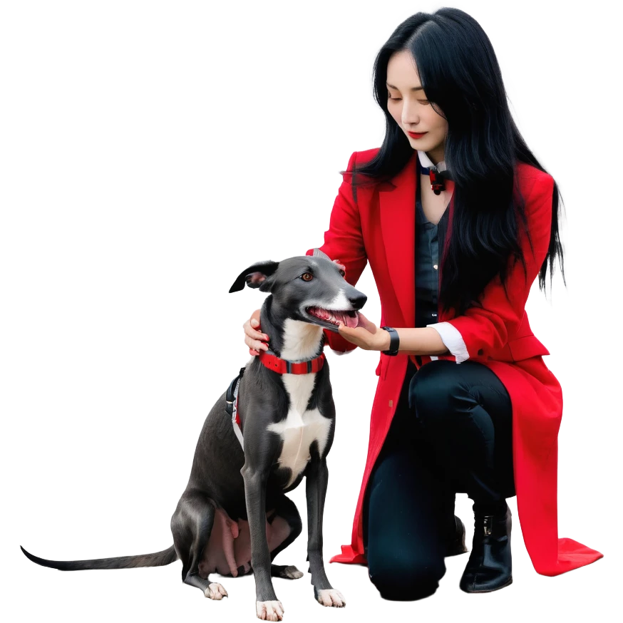 A very beautiful and attractive 25-year-old Japanese woman with long flowing black hair gently petting a SOLID DARK GREY whippet wearing a bright RED COLLAR on a beach at night under a starry sky. The woman's hand is lovingly stroking the whippet. The whippet MUST be COMPLETELY SOLID DARK GREY with ABSOLUTELY NO WHITE MARKINGS ANYWHERE - no white chest, no white face, no white paws, no white tip on tail - ENTIRELY ONE SOLID DARK GREY COLOR throughout the entire dog, but with a distinct red collar. Deep blue night sky filled with bright stars, moonlight reflecting on the ocean, sandy beach in the foreground. emoji