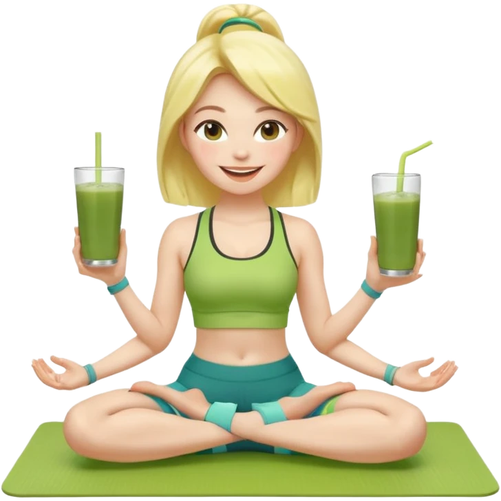 Девушка-мемоджи радостно сидит на коврике для йоги, в спортивной позе, в ярком стильном спортивном комплекте. Лицо сияющее, улыбка очень довольная и счастливая, в руках яркий стакан освежающего матча-лимонада, вокруг атмосфера свежести, отдыха и комфорта. Белый фон. 2 руки и 2 ноги emoji