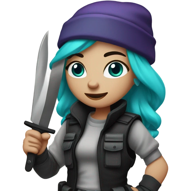 Girl, white skin, tactical vest, dark pants, long teal purple hair, blue eyes, black beanie hat, knife, black combat boots emoji
