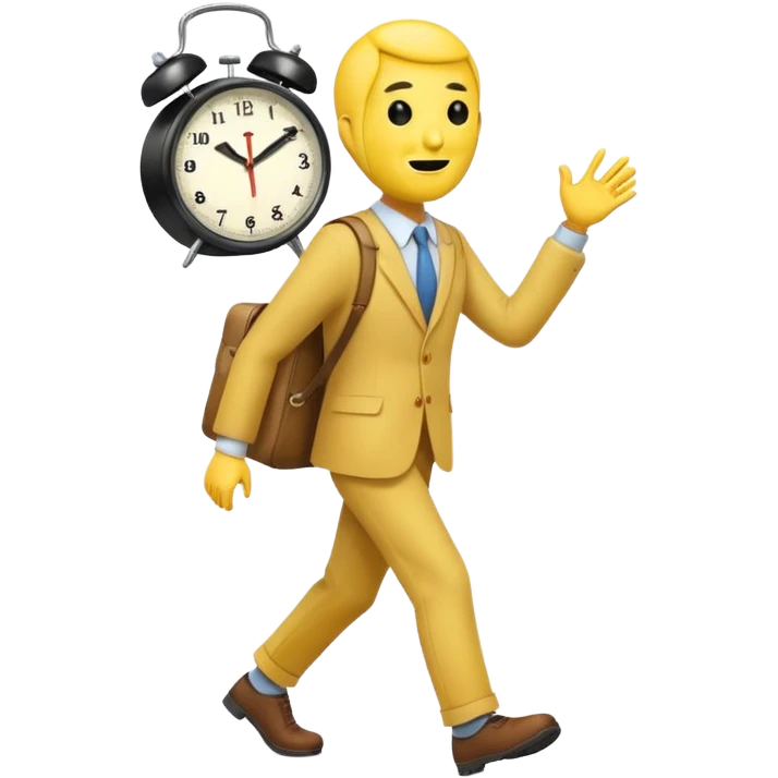 classic emoji style, yellow face walking away with a clock in the background, suggesting a short break, friendly and casual, no text emoji