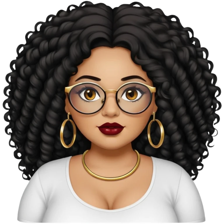 big plus size, latina, darker tan skin, gold hoops, long black curly hair, baddie,pretty, makeup, dark red lipgloss, black eyeliner, long hair, black shirt, black glasses emoji