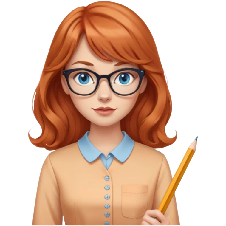 redheaded woman with long wavy hair and bangs, blue eyes, cat-eye glasses, pencil skirt, apricot blouse, holding a pencil emoji