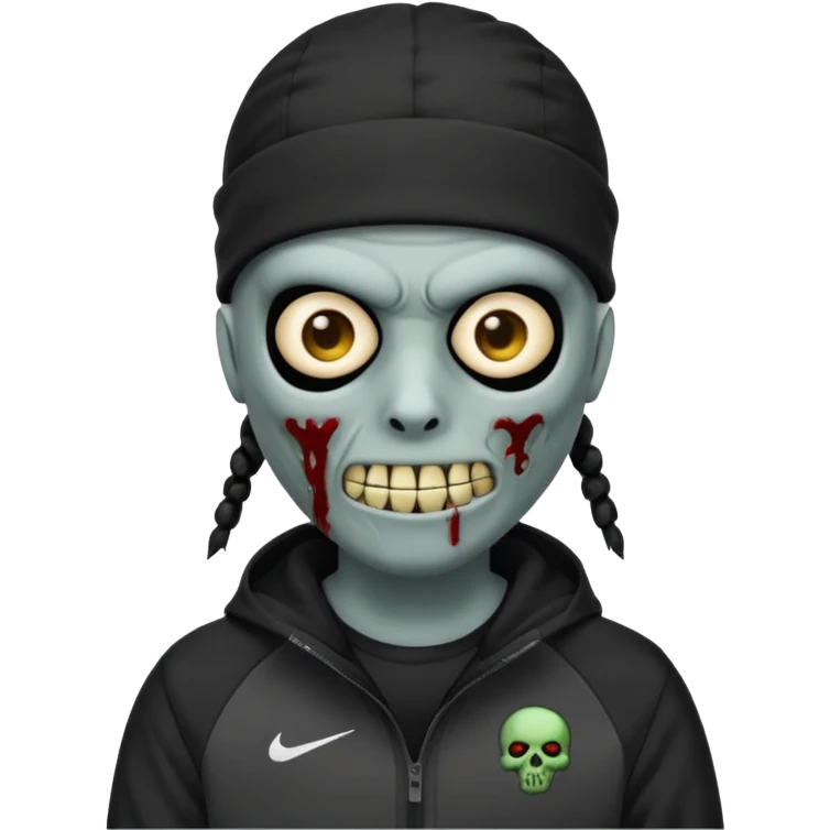 a zombie emoji with black dreads and a black nike jacket and black nike ski mask on his head emoji