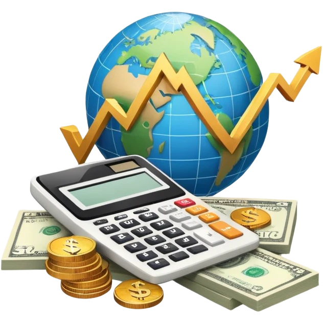 An icon featuring a calculator, a dollar sign, and a chart with upward trends, symbolizing economics. The design includes coins, bills, and a globe, representing global trade and financial systems. Transparent background highlights the study of markets, supply, and demand. emoji
