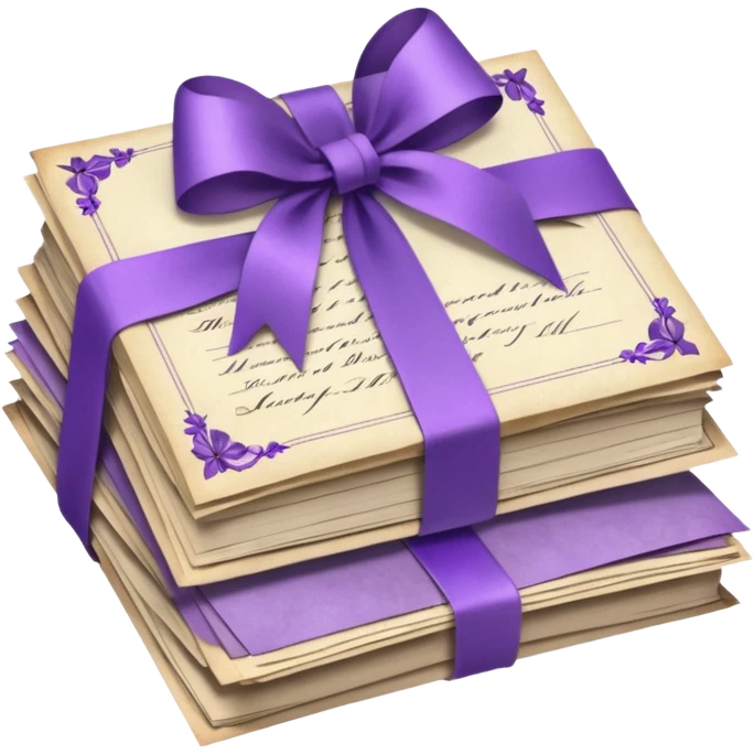 A beautifully arranged Stack of aged letters, tied with a purple ribbon, envelopes, corespondence, aesthetic, purple flower petals around, mails emoji