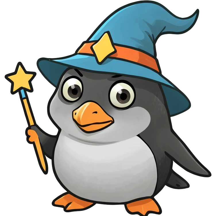 a cute penguin wizard with a pointy hat and a magic wand emoji