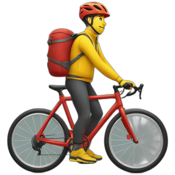 Homme en tenue jaune qui fait de la livraison à vélo avec un sac rouge cubique emoji