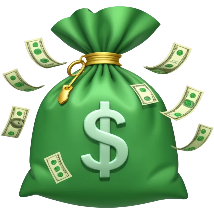 

3D emoji style, big bag of money, flying dollar bills, rich casino vibe, smooth lighting, high detail, clean edges, transparent background



 emoji