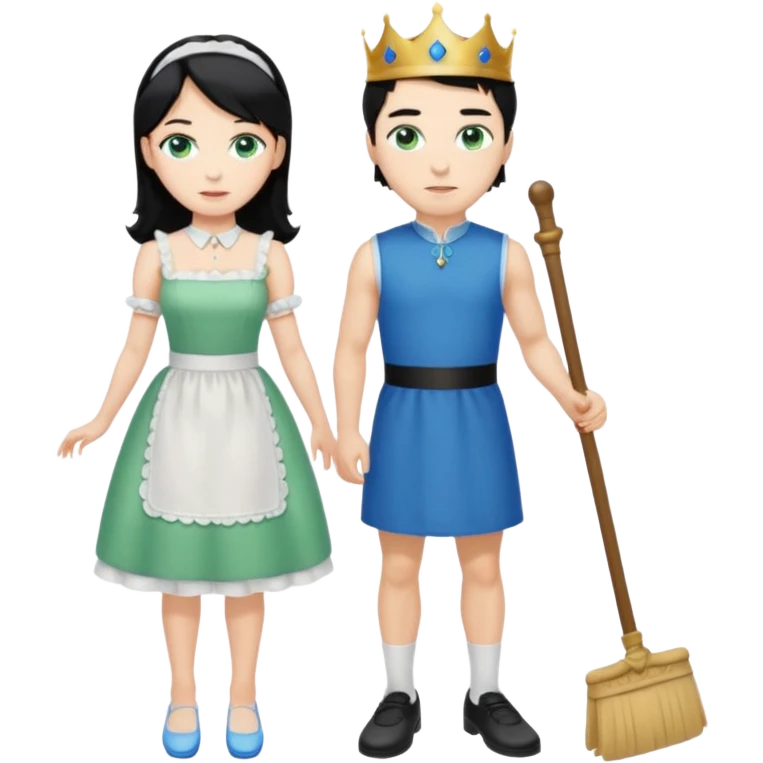 King, black hair, body, legst, blue eyes, shoes, maid blonde hair, green eyes, sexy short sleveless White dress, shoes emoji