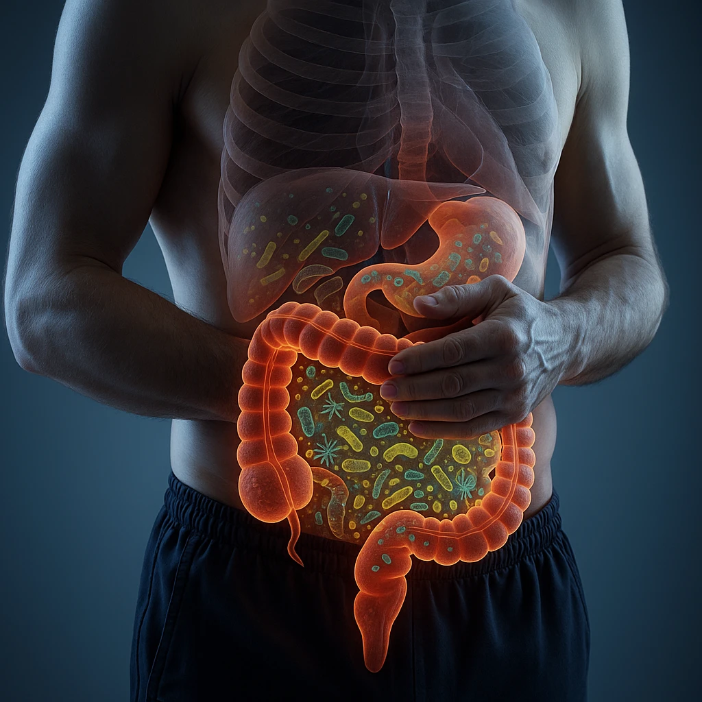 Hyperrealistic 4K anatomical view of a human body in a similar position to the reference image, with the intestine highlighted and glowing. No parasites present, but showing dysbiosis with visible bacteria and microorganisms inside the intestine. Medical atmosphere, highly detailed and realistic. emoji