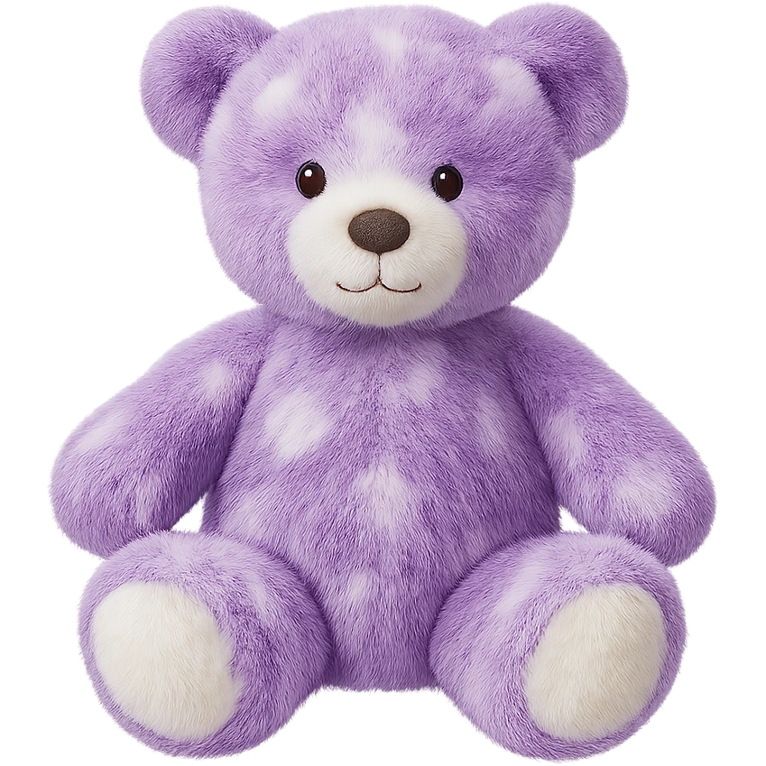 Change the teddy bear's fur to purple and white, keep it soft and plush, no shadows, flat lighting, no background. Remove the background completely to isolate the subject. emoji