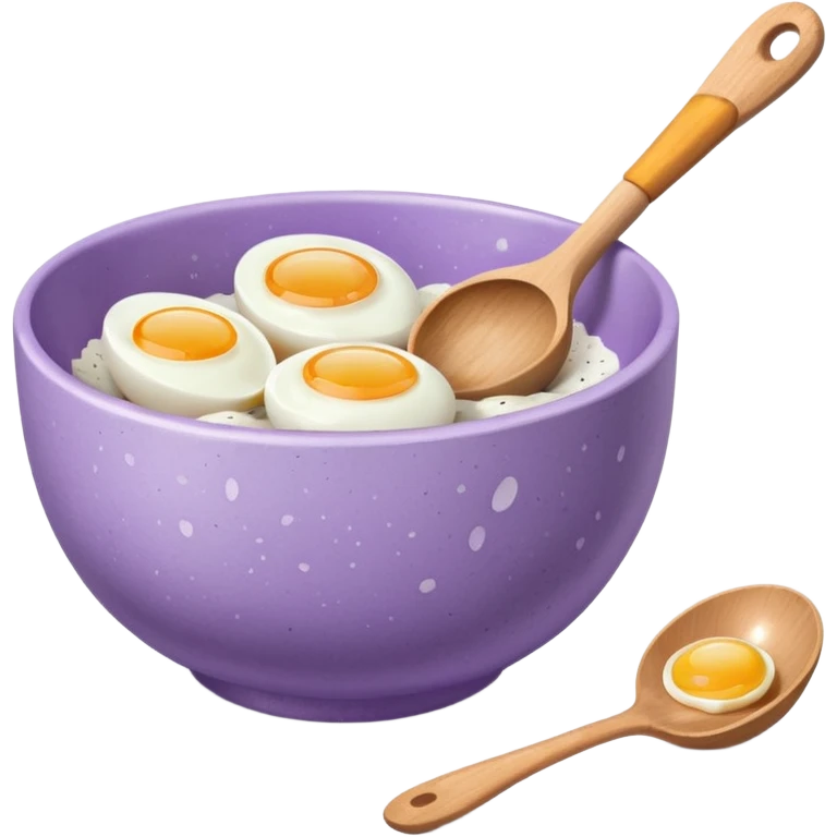 a lilac ceramic mixing bowl with a wooden spoon stirring and sitting next to it is a few eggs emoji