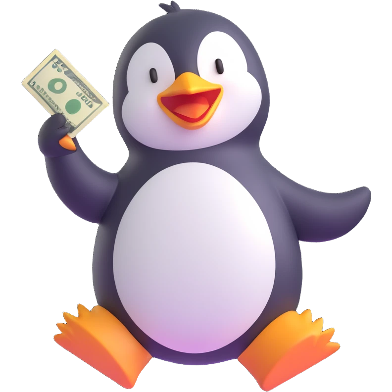 a dancing penguin holding money, 3D emoji style emoji