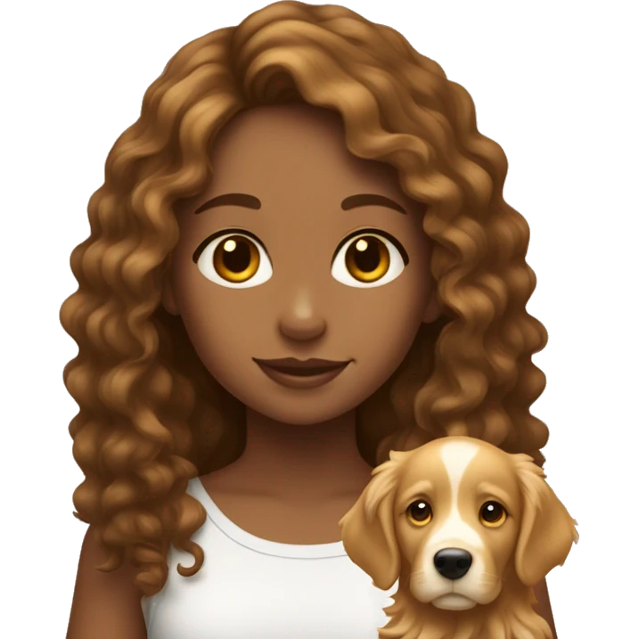 Tan skinned girl with  long brown curly hair with a golden retriever puppy emoji