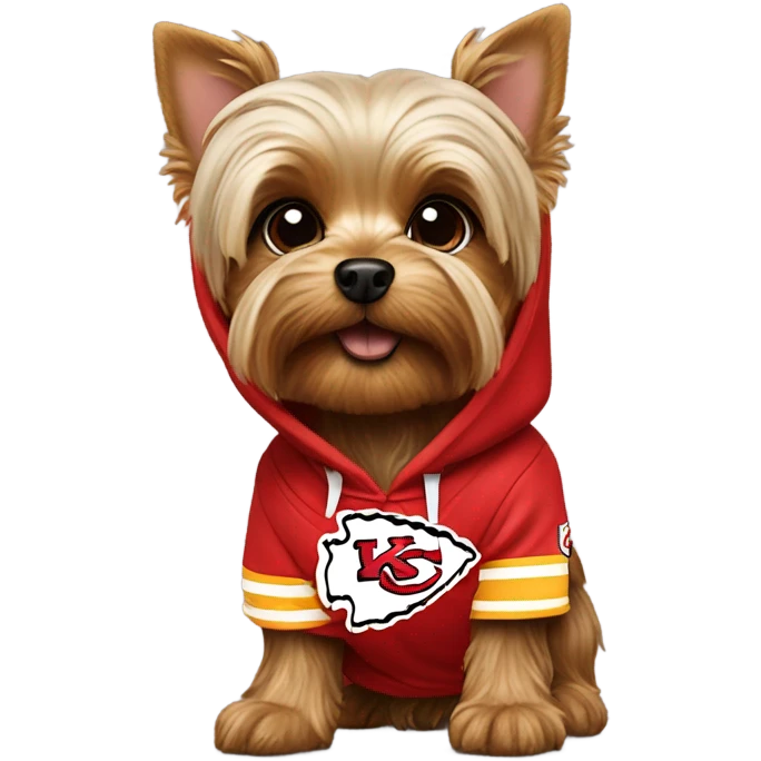 Yorkie wearing a chiefs hoodie emoji