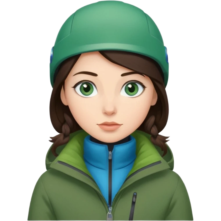 skiing brunette with blue eyes in a deep green jacket emoji