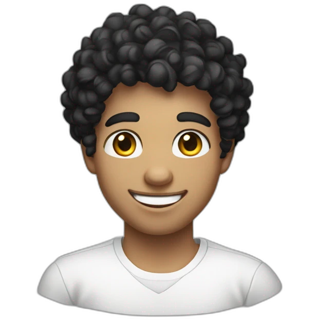 young man with white skin, with a cheerful smile, black eyes and short curly black hair. dressed in a white shirt emoji
