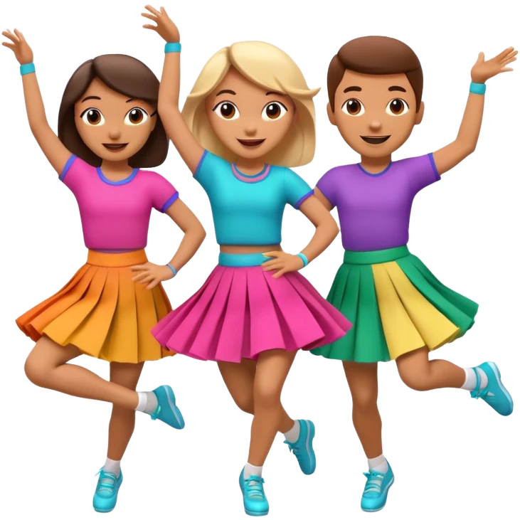 Three 3D cartoon dancers in colorful skirts kicking in rhythm, cheerful pose, bright studio background, Memoji-style. emoji