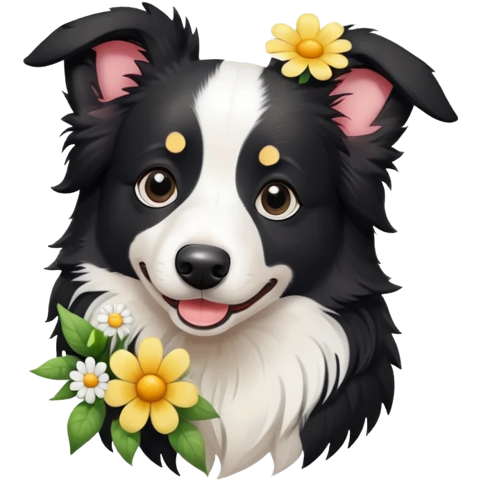 A cute  little  Black and white Border Collie and flower emoji