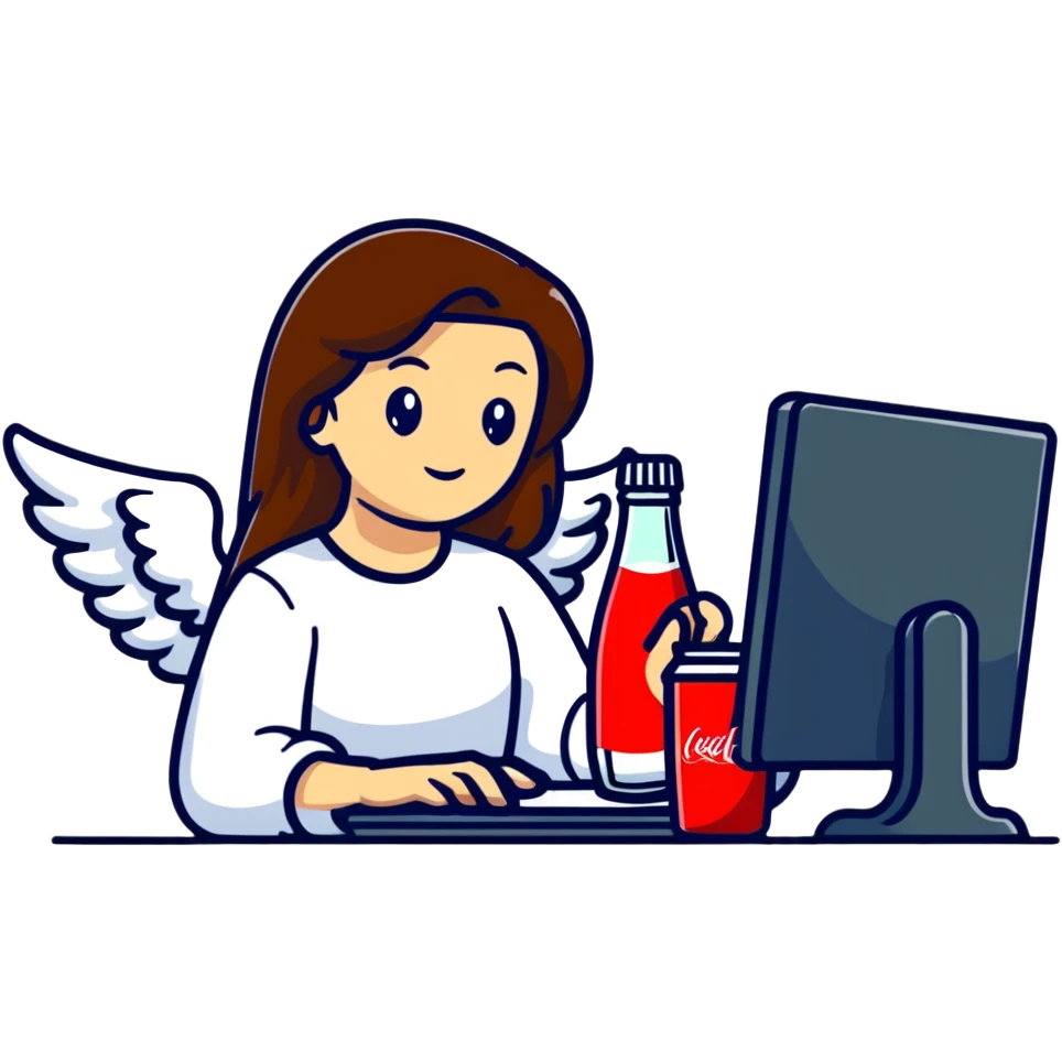Female angel with long brown hair working at a computer with a Coke  emoji