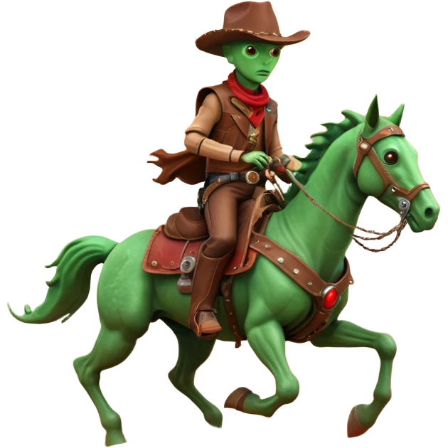 An alien cowboy riding a mechanical horse across a red Martian desert, two moons in the sky, dust storm swirling, wide cinematic shot, dramatic composition, hyper detailed, sci-fi western fusion emoji