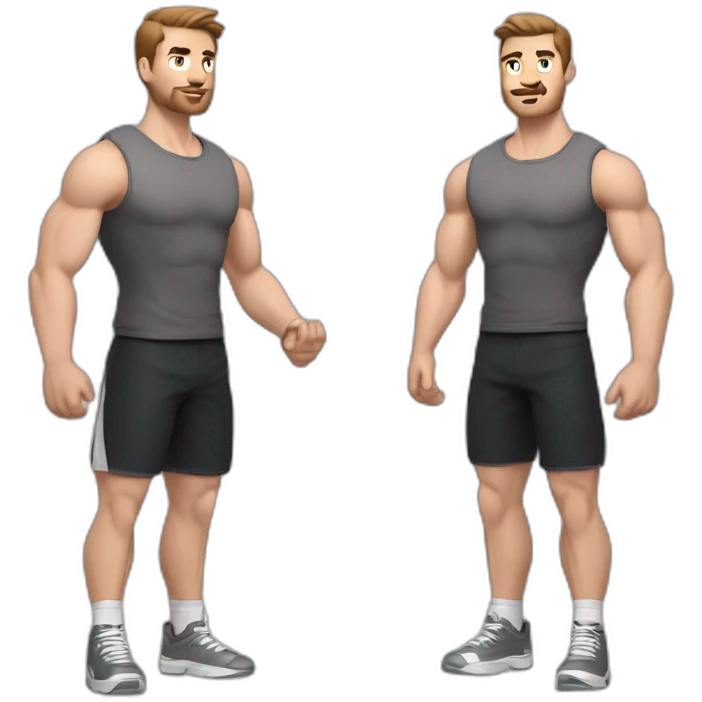 Close up Actively gesturing  with hands Pale skinned Fit Man With the biceps and brown hair in dark gray Sleeveless Mike, black oversize sports shorts, watch and white Sneakers emoji
