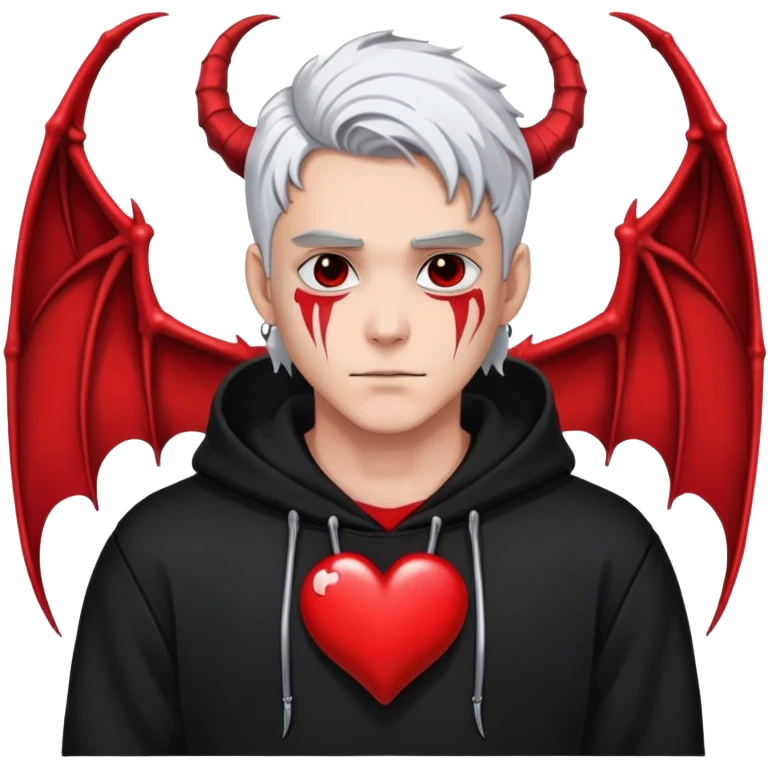 man with black and white hair, half black face, red horns, black hoodie, red wings, dragon skeleton, heart necklace emoji
