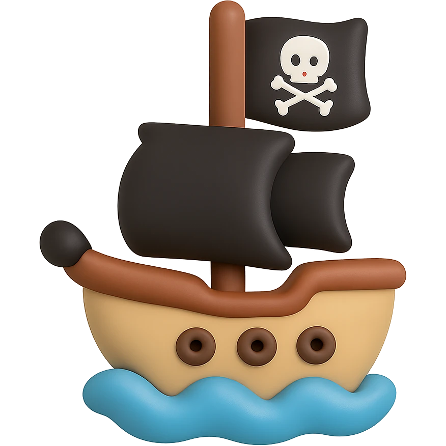 A cute pirate ship with black sails and a jolly roger flag emoji