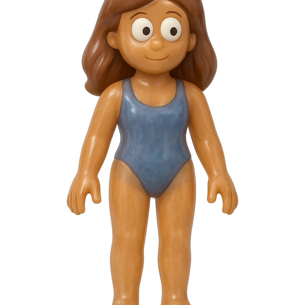 Ensure the entire beach girl character is fully visible from head to toe (no cropping). The style is full-body, retro 90's toy, very transparent and slightly see-through, natural tan skin, brown hair, blue swimsuit, derpy eyes (large white eyeballs with small black pupils looking in different directions), soft plastic texture, soft reflections, soft and squishy, some cloudiness, not shiny, highly detailed, appealing, no tag, no background. emoji