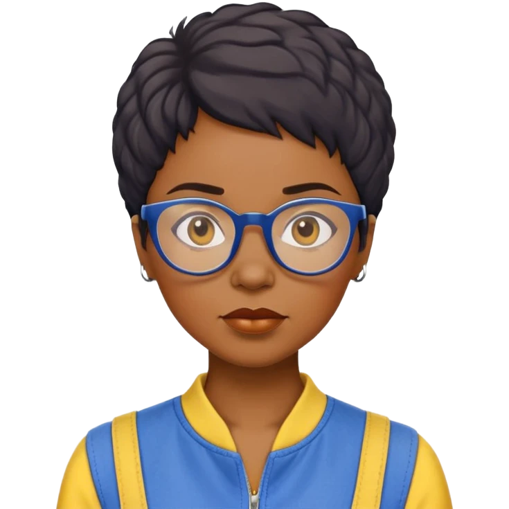 stern Black woman with short textured hair, glasses, wearing blue and yellow jumpsuit, front-facing emoji