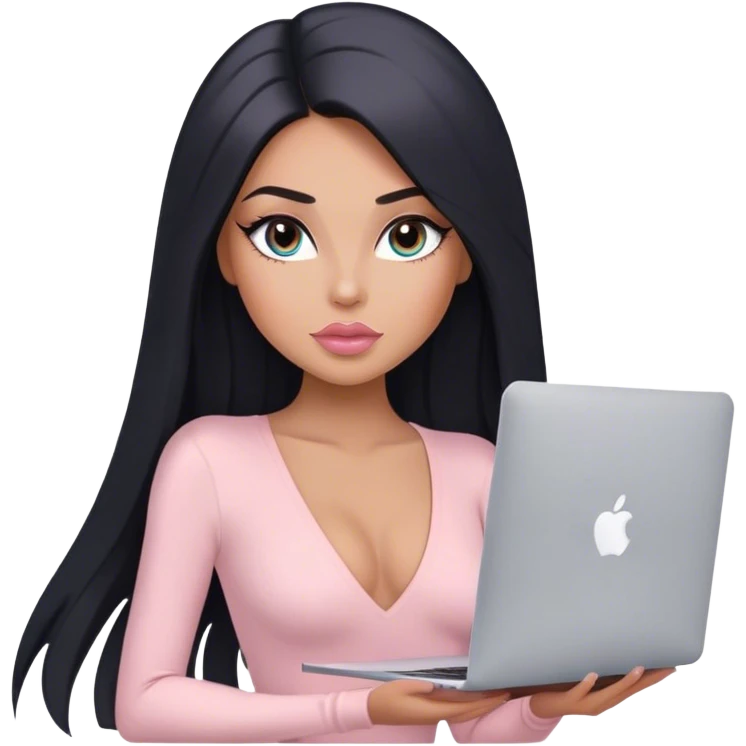 Glamours, tanned, very beautiful girl, with big pump peach-beige-rose lips, long lashes, black straight smooth silky long hair, straight parting hair, blue-grey eyes, in light-pink bodysuit holding MacBook emoji