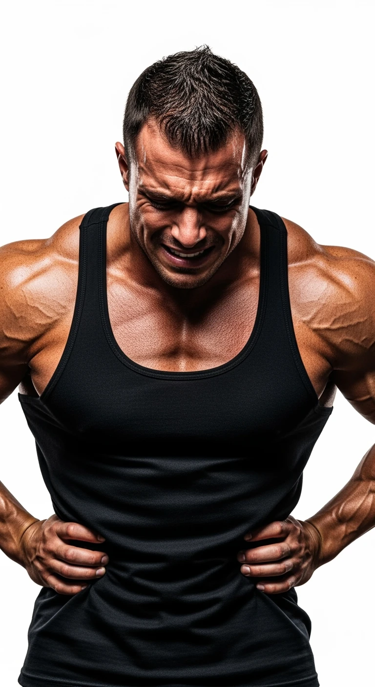 BODYBUILDER CHE SI INDICA I FIANCHI CON ESPRESSIONE AFFLITTA, ISOLATO SU SFONDO BIANCO, IPERREALISTICI 4K emoji