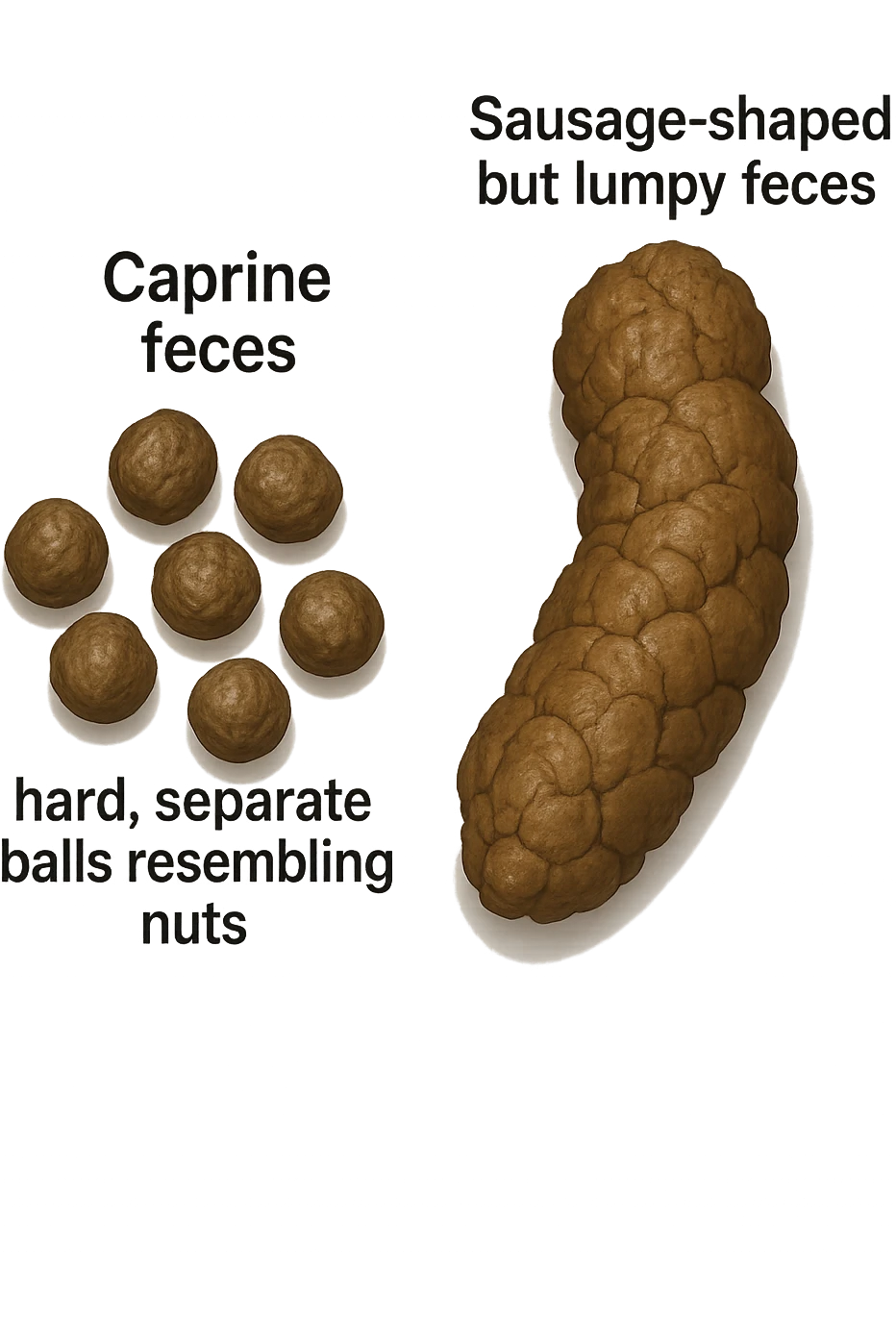 immagine di due tipi di feci iperrealistiche viste dall'alto con descrizione:
Tipo 1 – Feci caprine
Palline dure, separate, simili a noci

Tipo 2 – Feci a forma di salsiccia ma grumose
Massicce e disidratate.
 emoji