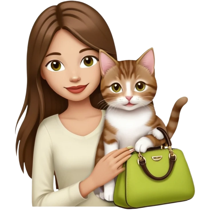 Woman with super long straight brown hair, rosy lips, chartreuse eyes, cute happy smile holding a white and brown tabby kitten, wearing a black purse emoji