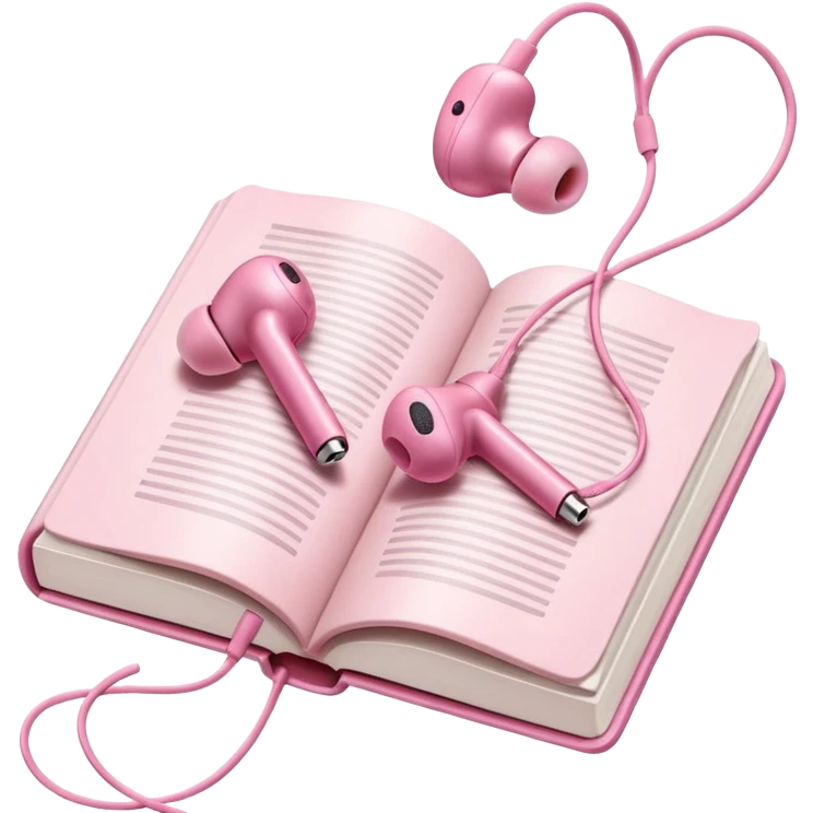  pink Pink Apple-style earbuds lying on an open book, soft pastel tones, cozy and minimal aesthetic, realistic lighting and shadows, top-down view, transparent background" emoji