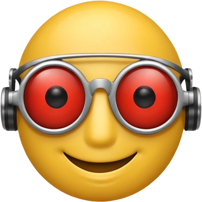 Yellow smiley face head with sunglasses, but the right eye is a red robot eye emoji