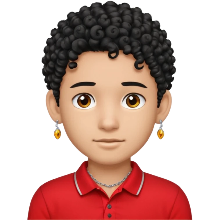 teen boy, indian, black curly hair, undercut hairstyle, silver earring in one ear, red polo shirt, silver chain emoji