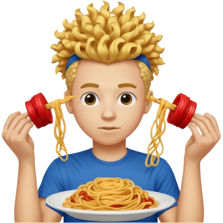 una persona de 18 años marron clarito con el pelo amrillo rizado con una camiseta roja y azul con un logo circular dorado y levantando unos spagethis y que tenga el pelo para abajo con boicano emoji