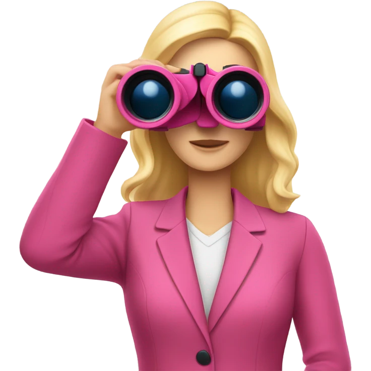 white female employee with pretty face and loose blonde hair wearing intensive color pink suit looking in binoculars emoji