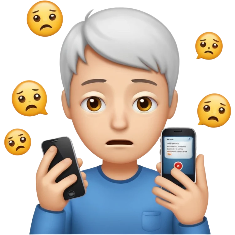 Same emoji avatar, overwhelmed expression, tired eyes, slightly stressed face, holding a smartphone with notifications piling up emoji