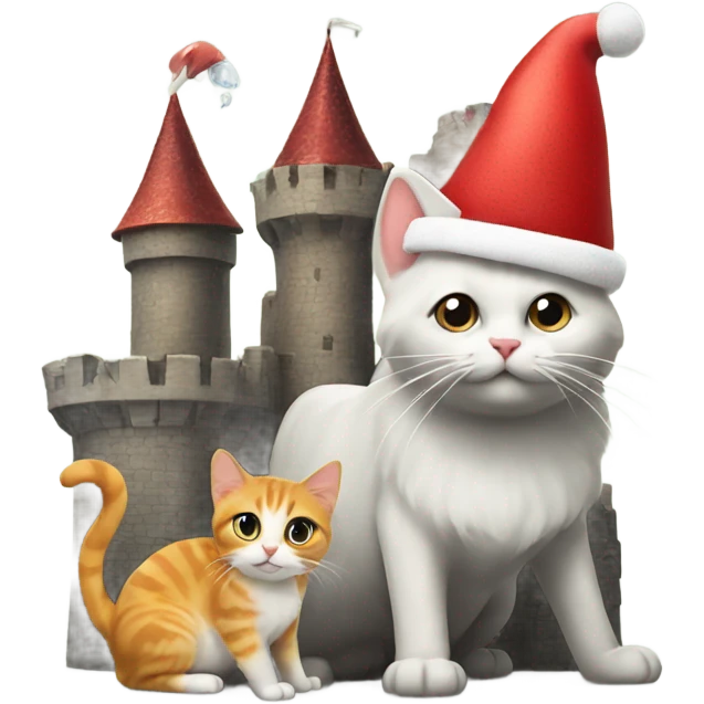 castle wearing a santa hat with a cat eating a fish emoji