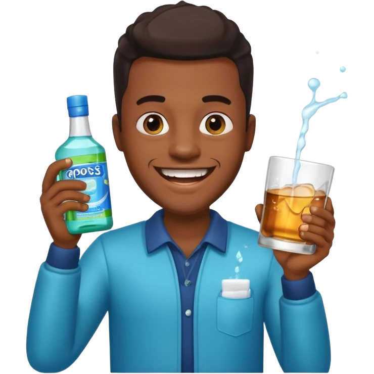 Black man with sparkling teeth, holding mouthwash and whiskey, cheerful expression, emoji style emoji