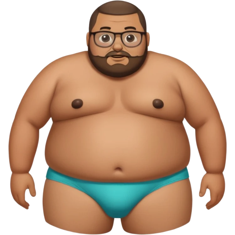 A morbidly obese, fat standing shirtless mexican guy in his underwear with a buzzcut, a beard, and glasses emoji