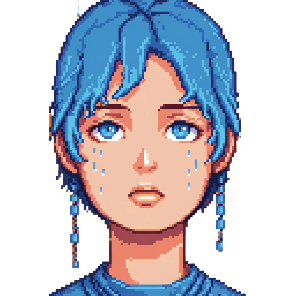 Pixelated face with blue sweat droplets, nervous expression emoji