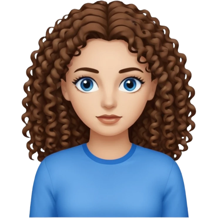 Woman with long curly brown hair, blue eyes, black eyelashes and dark brown eyebrows wearing blue long sleeved shirt  emoji